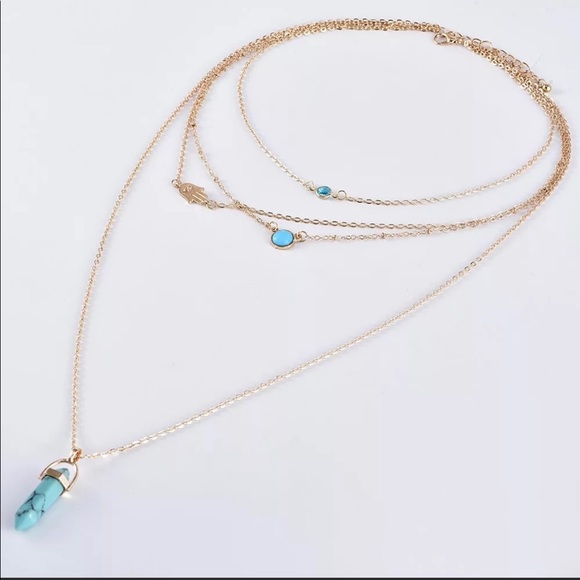 V style 4 layers gold neclace with sky blue stone - Picture 3 of 4
